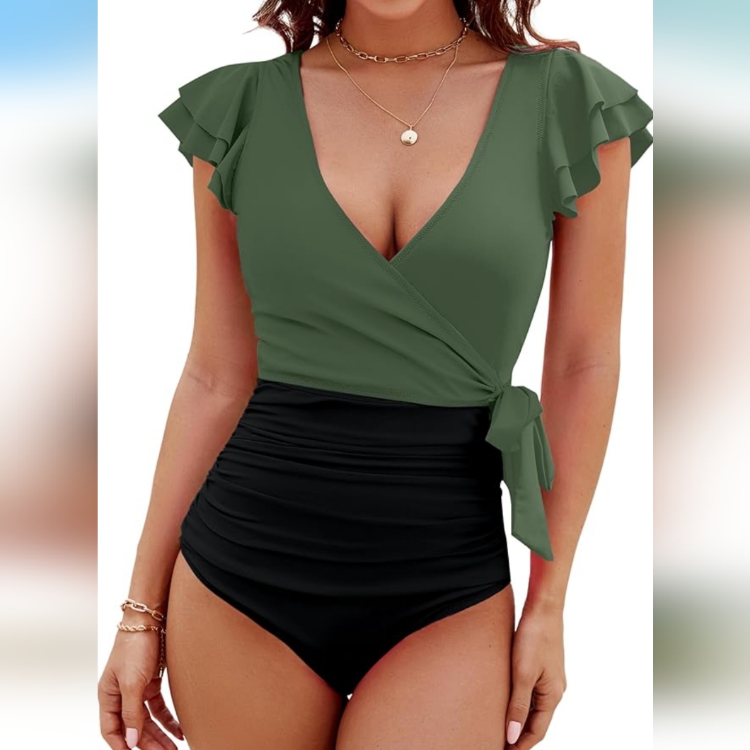 Blooming Jelly Green Ruffle Sleeve Wrap Tummy Control Swimsuit